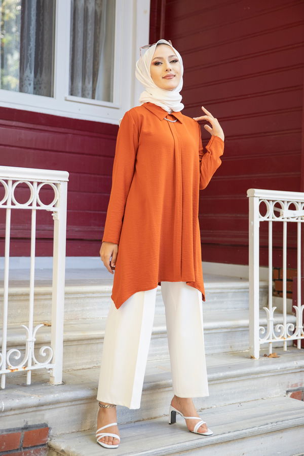 Düz Gömlek Yaka Kadın Kiremit TUNIK - 3256 KİREMİT