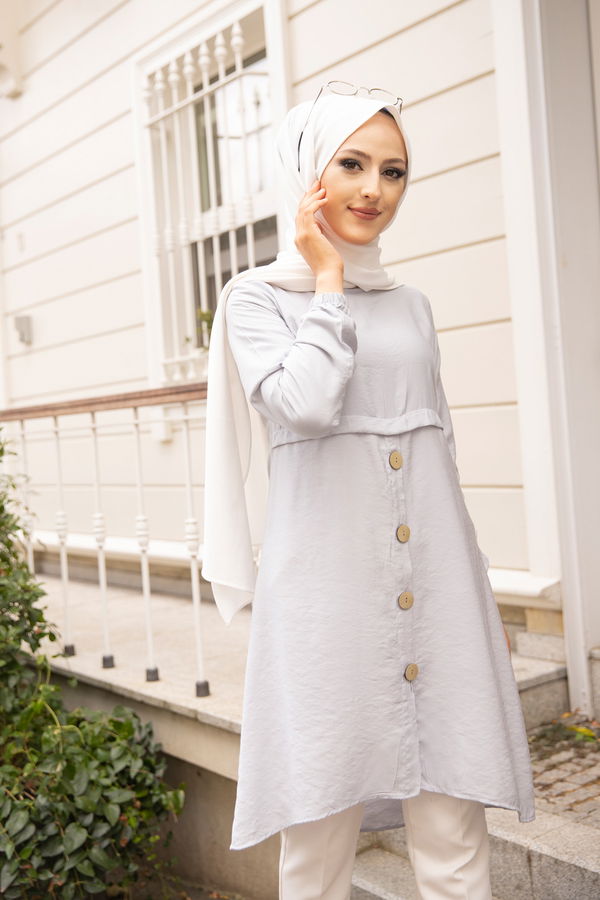 Düz Bisiklet Yaka Kadın Gri Tunik - 3021 GRİ