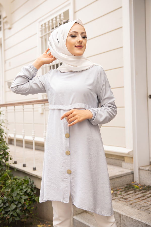 Düz Bisiklet Yaka Kadın Gri Tunik - 3021 GRİ