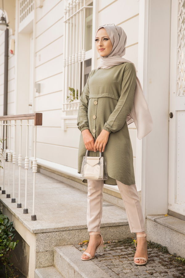Düz Bisiklet Yaka Kadın Haki Tunik - 3021 HAKİ