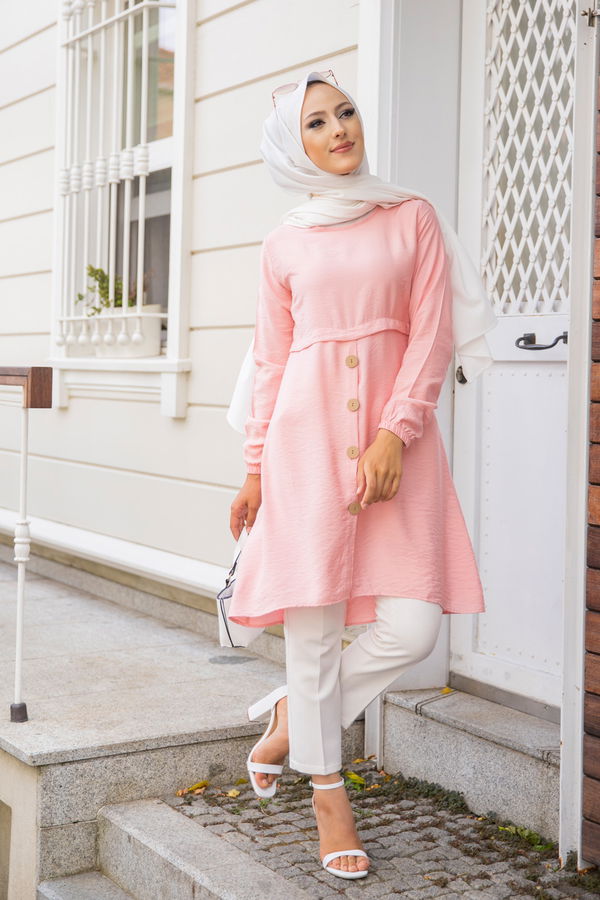 Düz Bisiklet Yaka Kadın Pembe Tunik - 3021