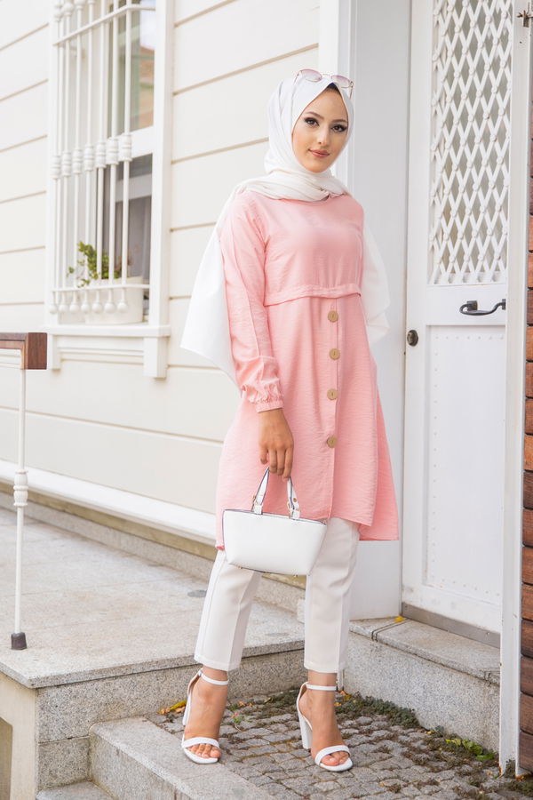 Düz Bisiklet Yaka Kadın Pembe Tunik - 3021