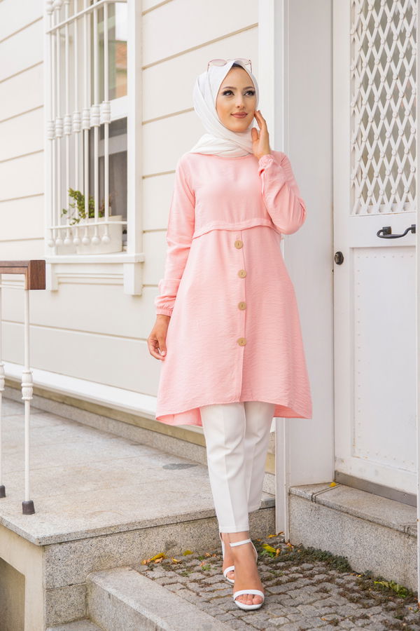 Düz Bisiklet Yaka Kadın Pembe Tunik - 3021
