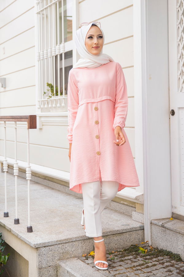 Düz Bisiklet Yaka Kadın Pembe Tunik - 3021