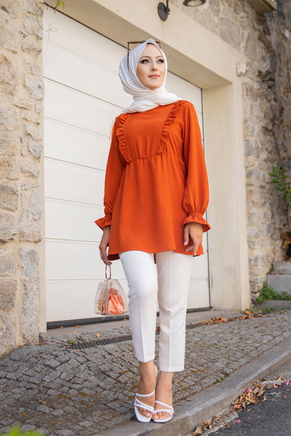 Düz Bisiklet Yaka Kadın Kiremit TUNIK - 3263 KİREMİT