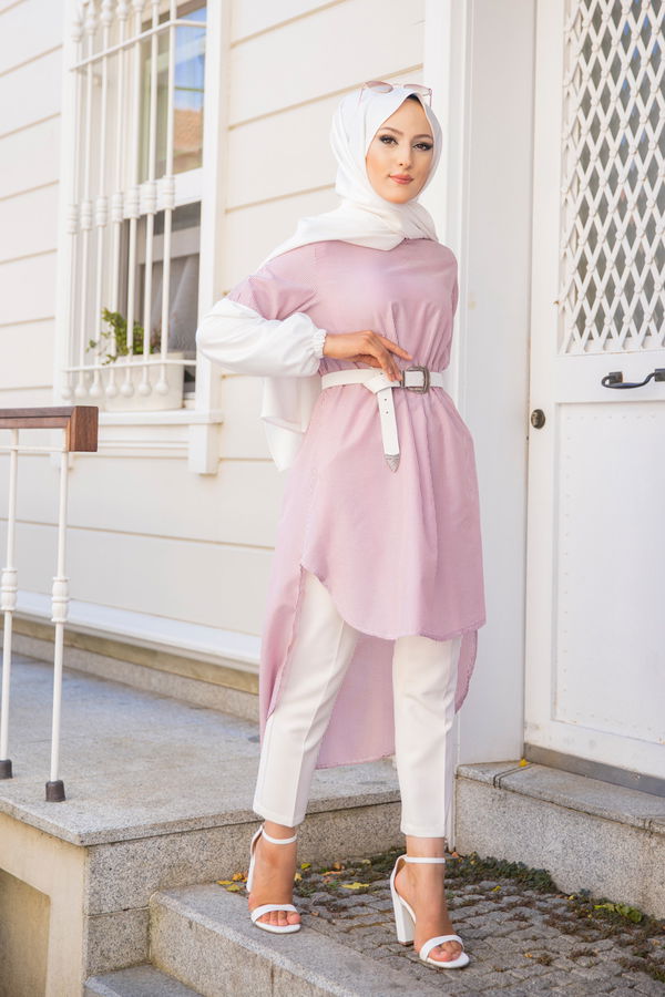 Düz Bisiklet Yaka Kadın Bordo CIZGILI TUNIK - 3241 BORDO