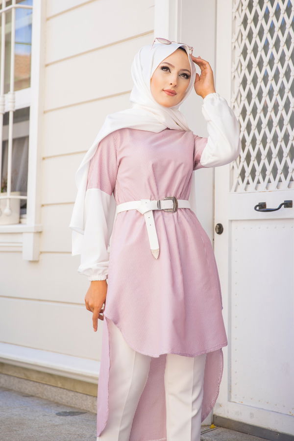 Düz Bisiklet Yaka Kadın Bordo CIZGILI TUNIK - 3241 BORDO
