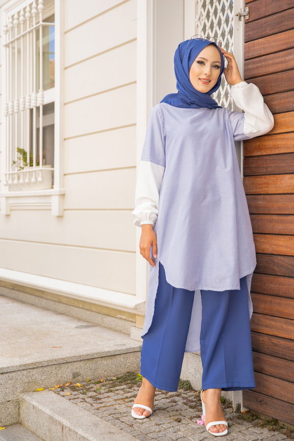 Düz Bisiklet Yaka Kadın Mavi CIZGILI TUNIK - 3241 MAVİ