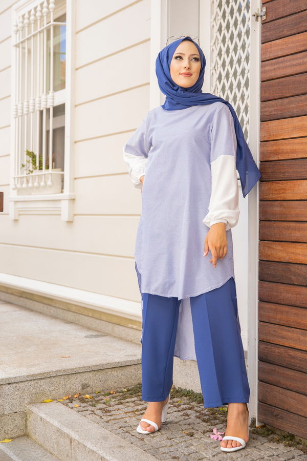 Düz Bisiklet Yaka Kadın Mavi CIZGILI TUNIK - 3241 MAVİ