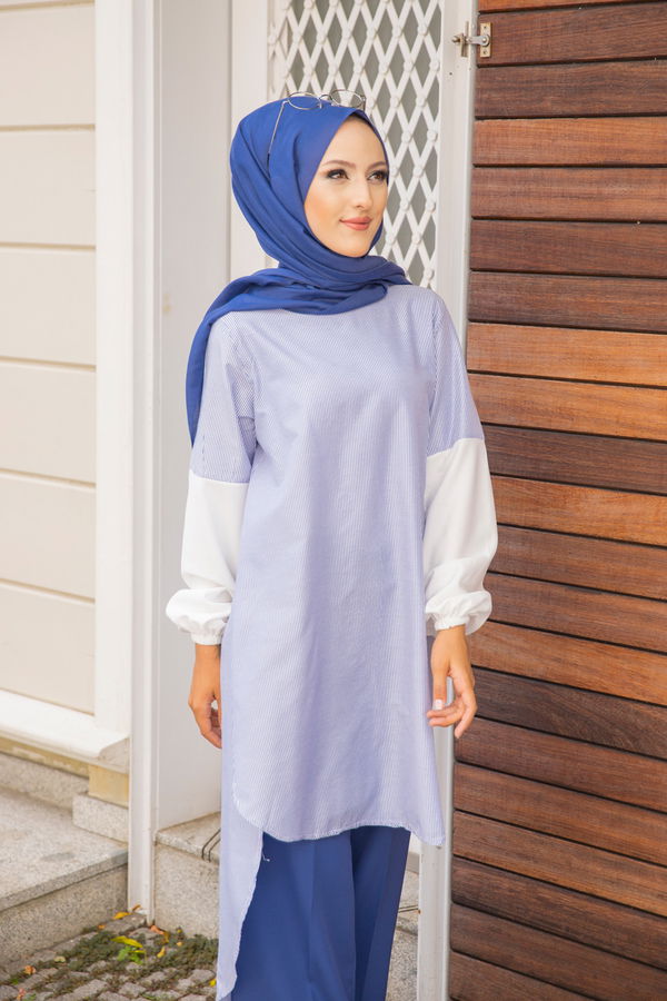 Düz Bisiklet Yaka Kadın Mavi CIZGILI TUNIK - 3241 MAVİ