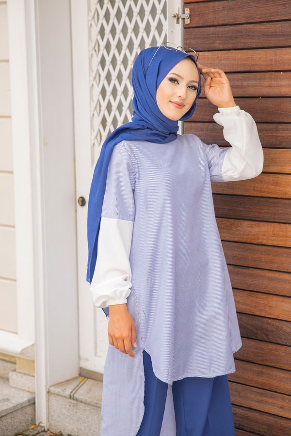 Düz Bisiklet Yaka Kadın Mavi CIZGILI TUNIK - 3241 MAVİ