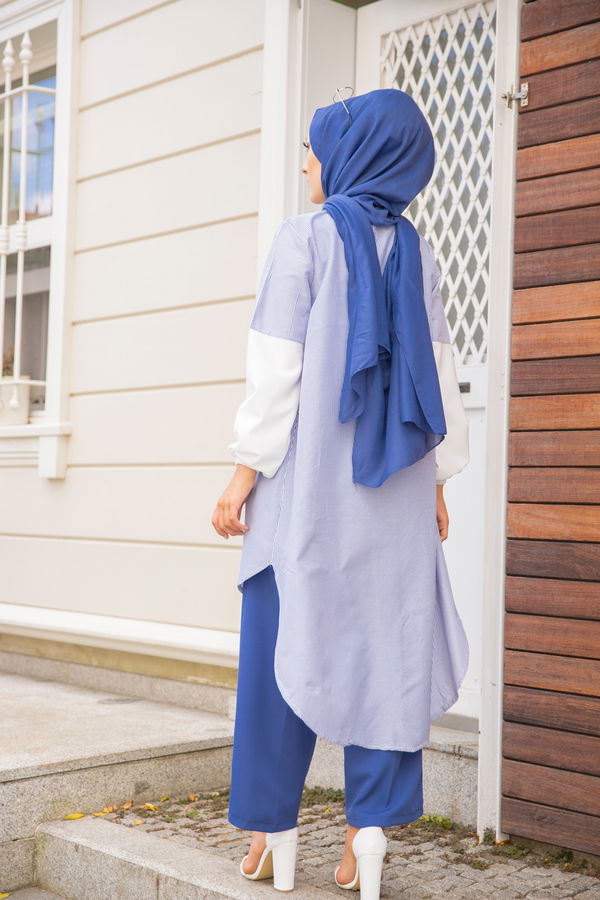 Düz Bisiklet Yaka Kadın Mavi CIZGILI TUNIK - 3241 MAVİ