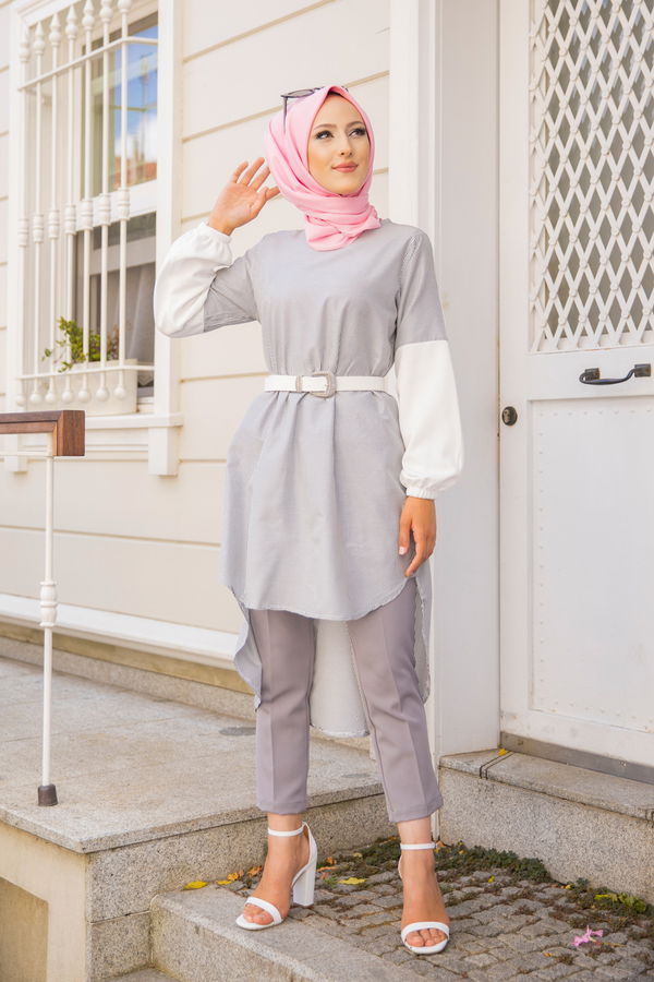 Düz Bisiklet Yaka Kadın Siyah CIZGILI TUNIK - 3241 SİYAH