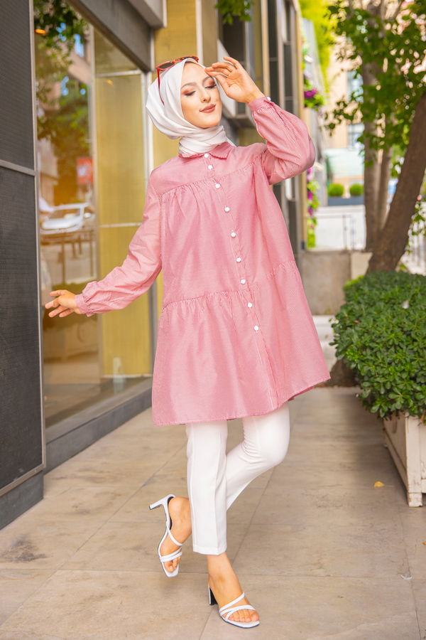 Düz Gömlek Yaka Kadın Bordo CIZGILI TUNIK - 3122 BORDO