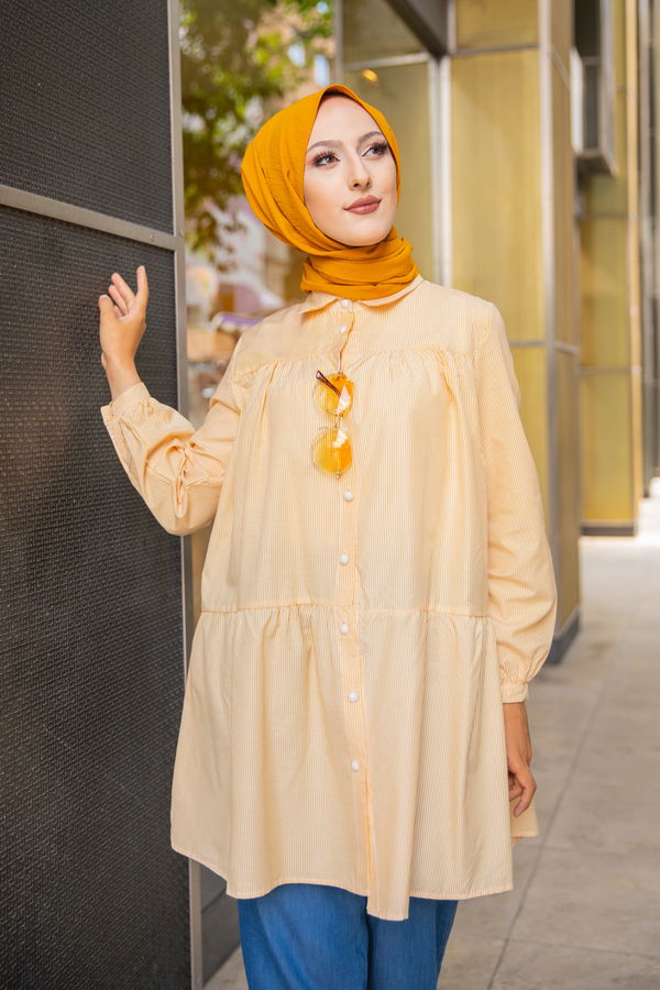 Düz Gömlek Yaka Kadın Sarı CIZGILI TUNIK - 3122 Sarı