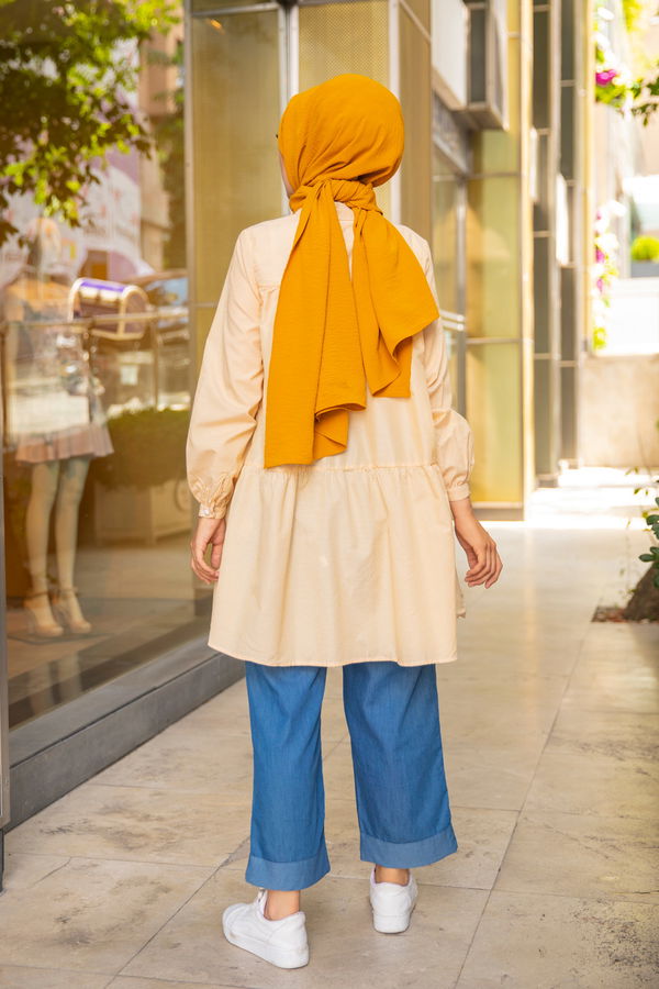 Düz Gömlek Yaka Kadın Sarı CIZGILI TUNIK - 3122 Sarı