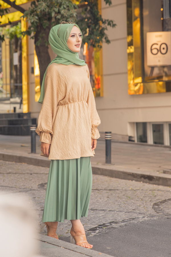 Düz Bisiklet Yaka Kadın Bej 3265 TUNIK - 3265 BEJ