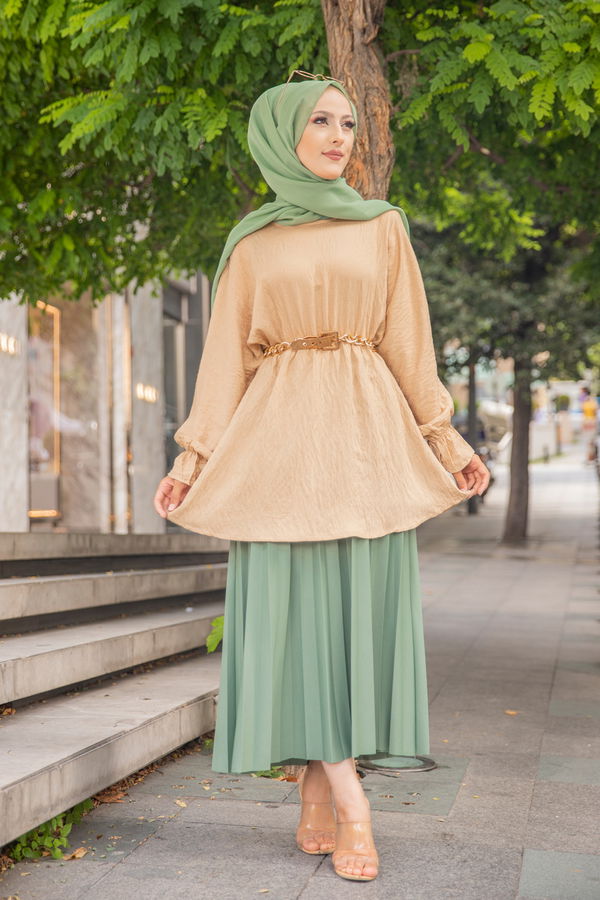 Düz Bisiklet Yaka Kadın Bej 3265 TUNIK - 3265 BEJ