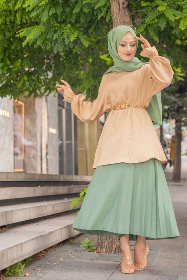 Düz Bisiklet Yaka Kadın Bej 3265 TUNIK - 3265 BEJ