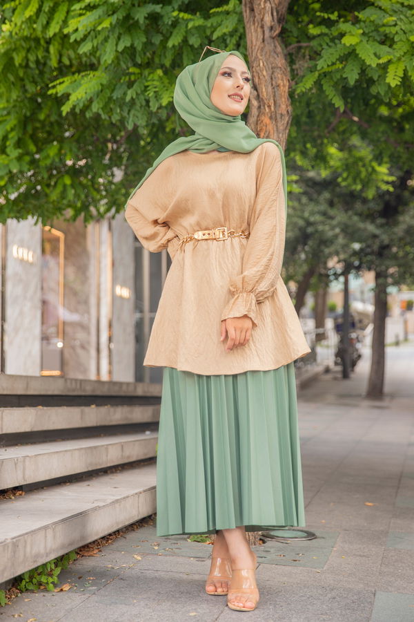 Düz Bisiklet Yaka Kadın Bej 3265 TUNIK - 3265 BEJ