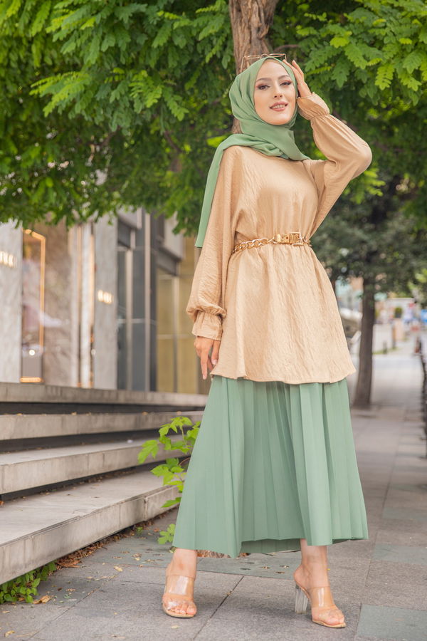 Düz Bisiklet Yaka Kadın Bej 3265 TUNIK - 3265 BEJ