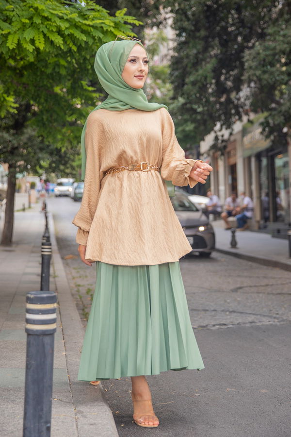 Düz Bisiklet Yaka Kadın Bej 3265 TUNIK - 3265 BEJ