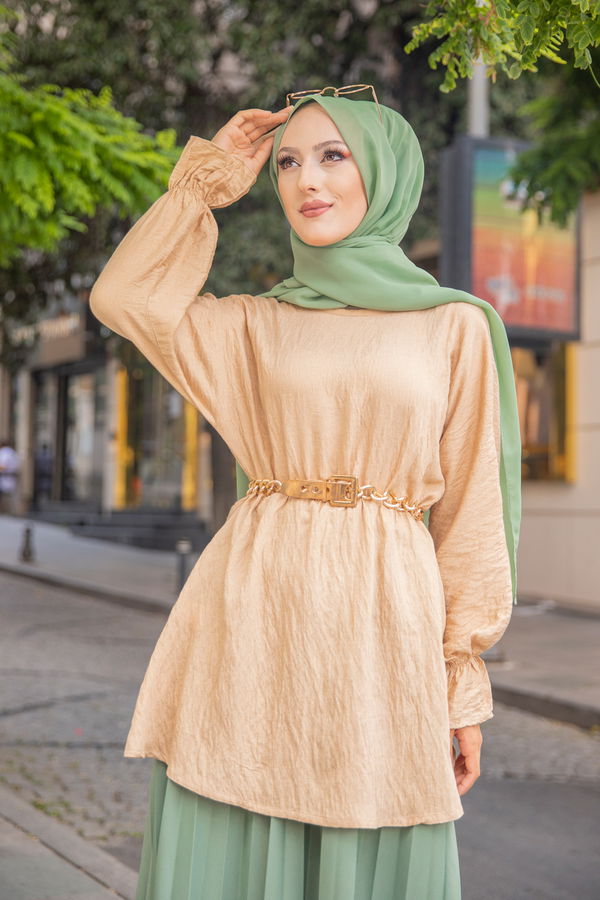 Düz Bisiklet Yaka Kadın Bej 3265 TUNIK - 3265 BEJ