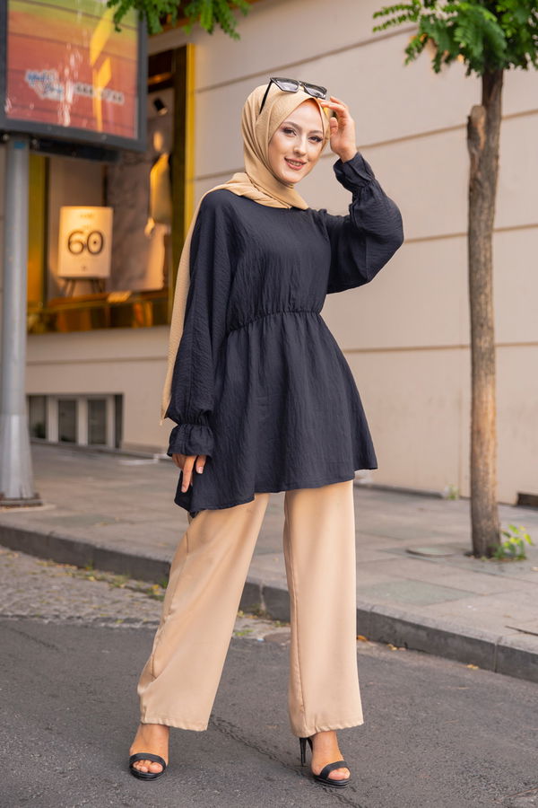 Düz Bisiklet Yaka Kadın Siyah 3265 TUNIK - 3265