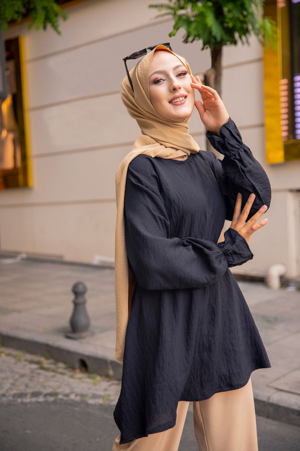 Düz Bisiklet Yaka Kadın Siyah 3265 TUNIK - 3265