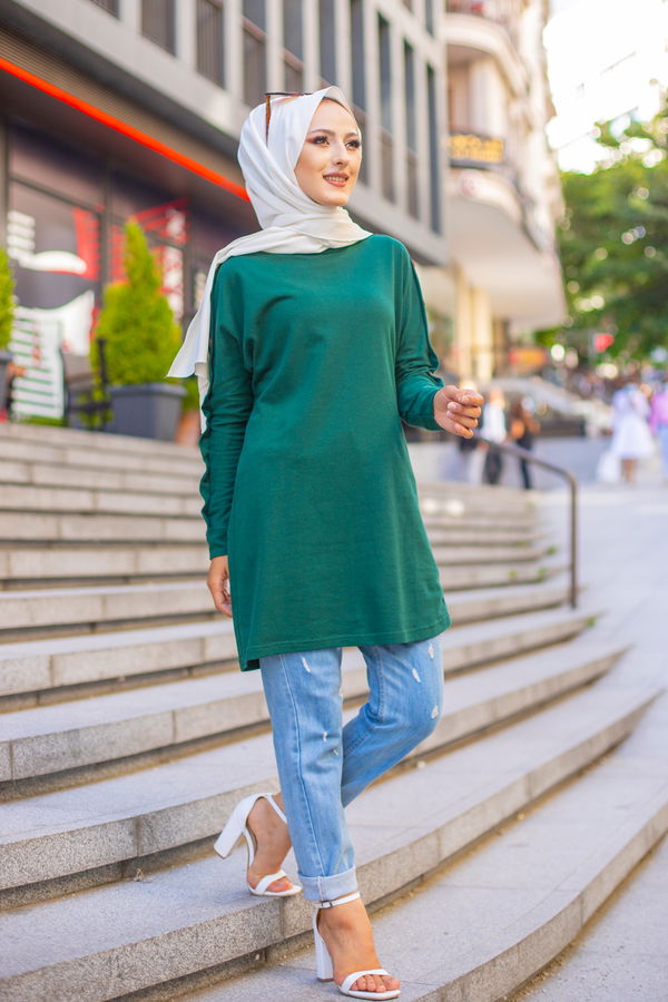 Düz Bisiklet Yaka Kadın Yeşil YARASA KOL TUNIK - 2811 YEŞİL