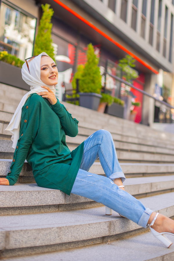 Düz Bisiklet Yaka Kadın Yeşil YARASA KOL TUNIK - 2811 YEŞİL