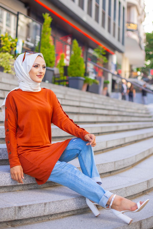 Düz Bisiklet Yaka Kadın Kiremit YARASA KOL TUNIK - 2811 KİREMİT