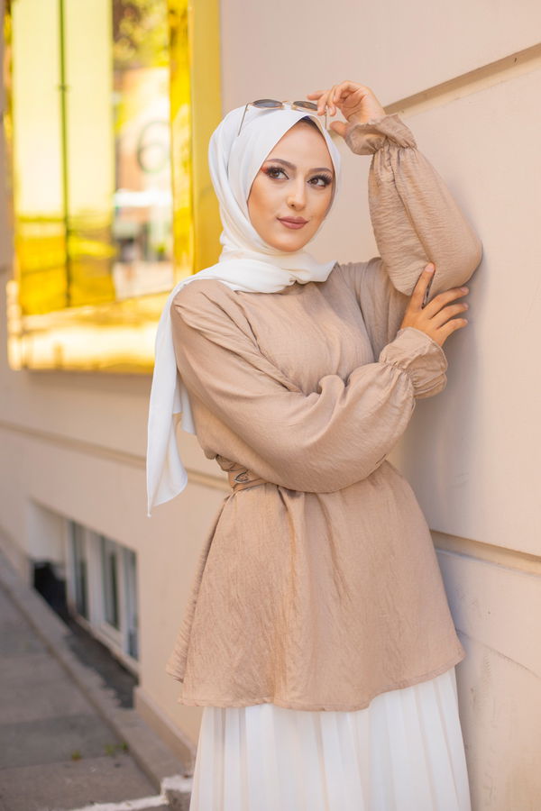 Düz Bisiklet Yaka Kadın Bej 3265 TUNIK - 3265 BEJ