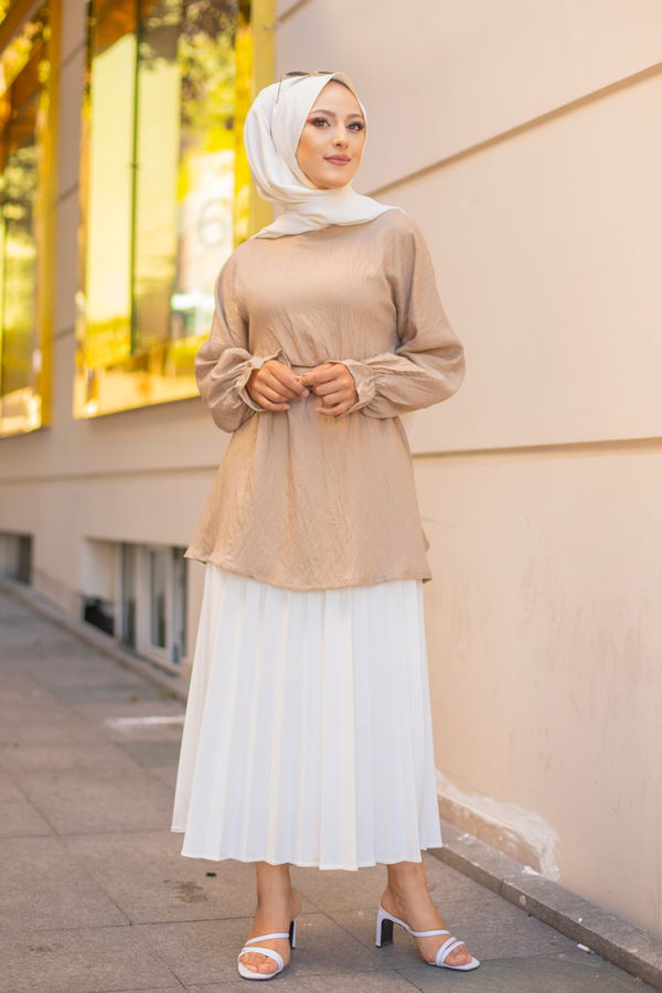 Düz Bisiklet Yaka Kadın Bej 3265 TUNIK - 3265 BEJ