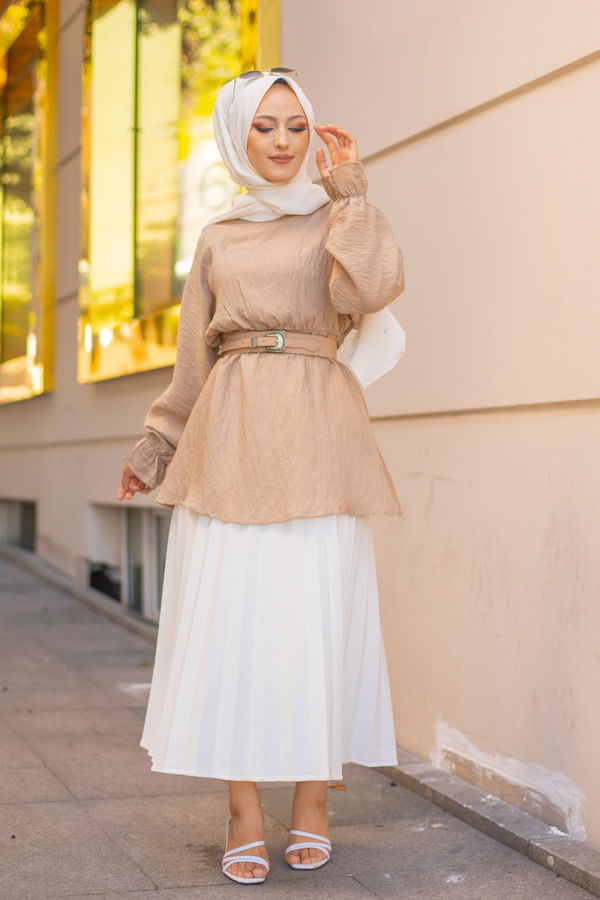 Düz Bisiklet Yaka Kadın Bej 3265 TUNIK - 3265 BEJ