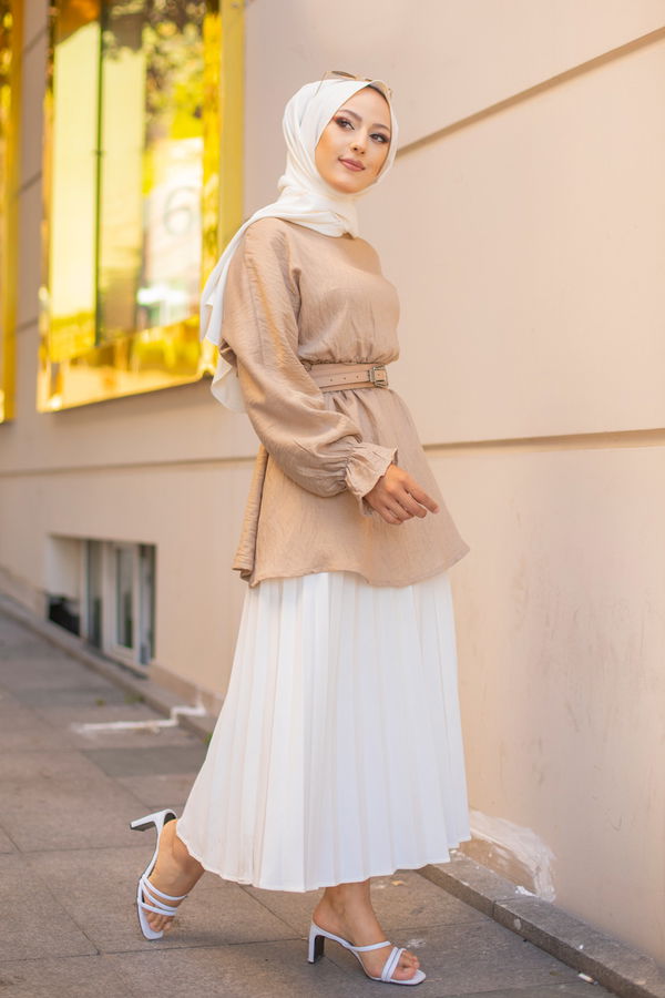 Düz Bisiklet Yaka Kadın Bej 3265 TUNIK - 3265 BEJ