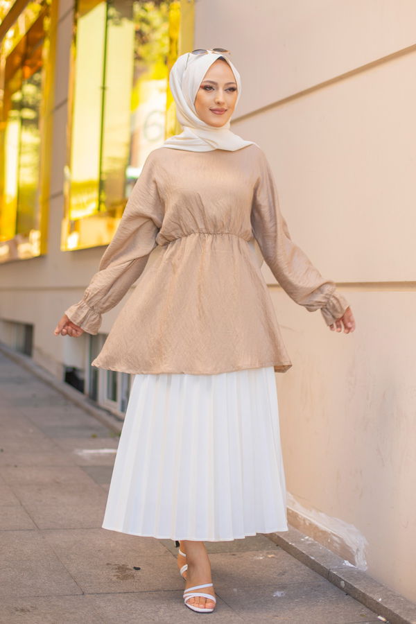 Düz Bisiklet Yaka Kadın Bej 3265 TUNIK - 3265 BEJ