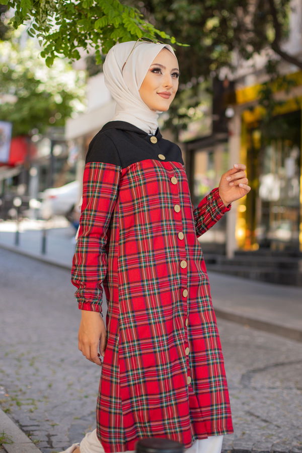 Düz Kapşonlu Yaka Kadın Kırmızı 3264 KAPSONLU TUNIK - 3264