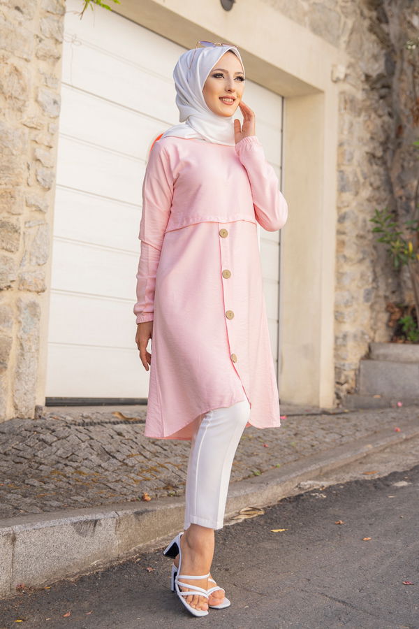 Düz Bisiklet Yaka Kadın Pembe Tunik - 3021 PEMBE