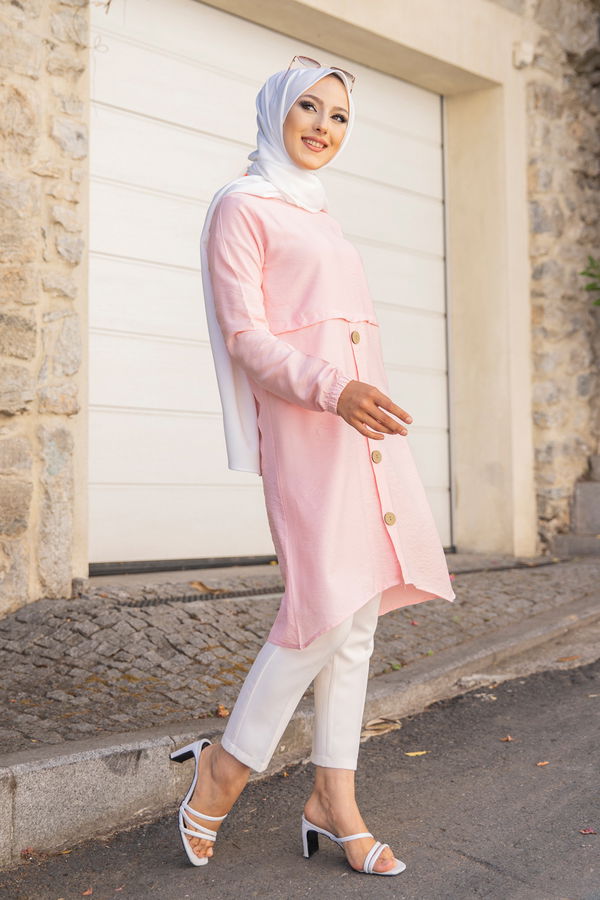 Düz Bisiklet Yaka Kadın Pembe Tunik - 3021 PEMBE