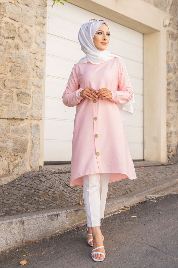 Düz Bisiklet Yaka Kadın Pembe Tunik - 3021 PEMBE