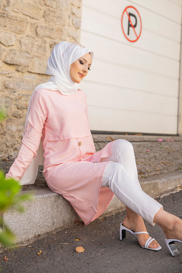 Düz Bisiklet Yaka Kadın Pembe Tunik - 3021 PEMBE