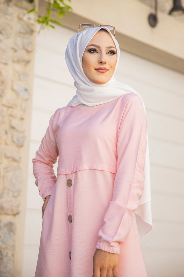 Düz Bisiklet Yaka Kadın Pembe Tunik - 3021 PEMBE