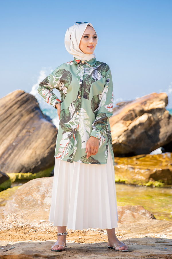 Düz Gömlek Yaka Kadın Haki 9056 TUNIK - 9056
