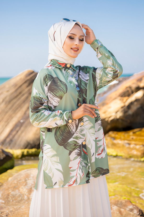 Düz Gömlek Yaka Kadın Haki 9056 TUNIK - 9056