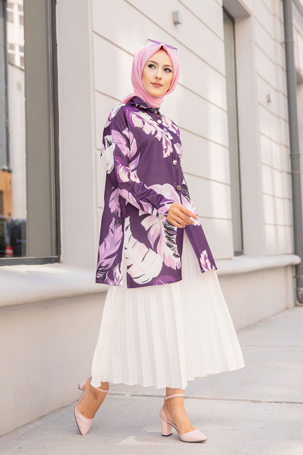 Düz Gömlek Yaka Kadın Mürdüm 9056 TUNIK - 9056 MÜRDÜM
