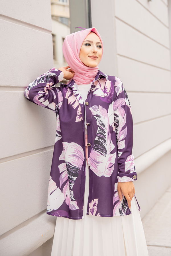 Düz Gömlek Yaka Kadın Mürdüm 9056 TUNIK - 9056 MÜRDÜM