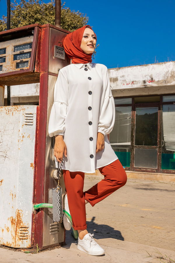 Düz Gömlek Yaka Kadın Beyaz KOL BUZGULU TUNIK - 3254