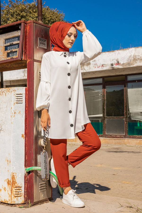 Düz Gömlek Yaka Kadın Beyaz KOL BUZGULU TUNIK - 3254