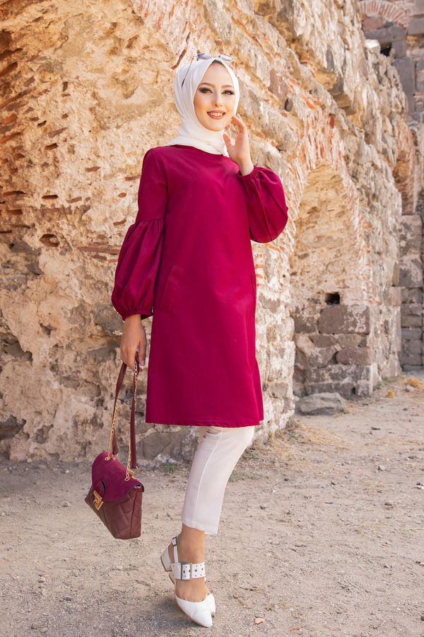 Düz Bisiklet Yaka Kadın Bordo TUNIK - 3026 BORDO